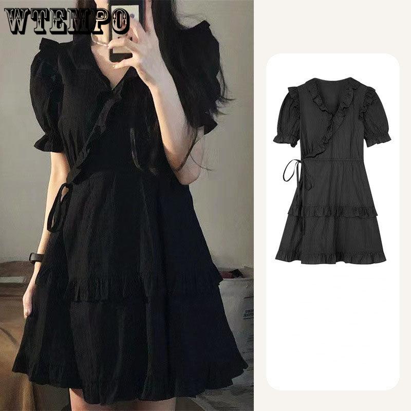 Черное платье для женщин, короткое платье со свободной талией, готическое летнее однотонное повседневное сексуальное вечернее платье трапециевидной формы для дня рождения