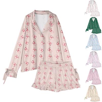 Женский костюм из 2 предметов с принтом, топ на пуговицах с длинными рукавами, широкие брюки, комплект, пижамный домашний повседневный костюм