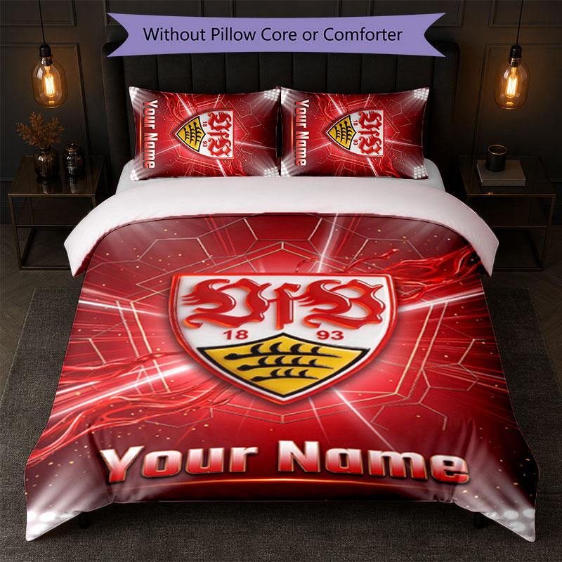 VfB Stuttgart FC Custom Name Text Bedding Set 1 Duvet Cover+2 Pillowcases Soccer Logo Personalized Gift For Special Occasion Bedroom Decor