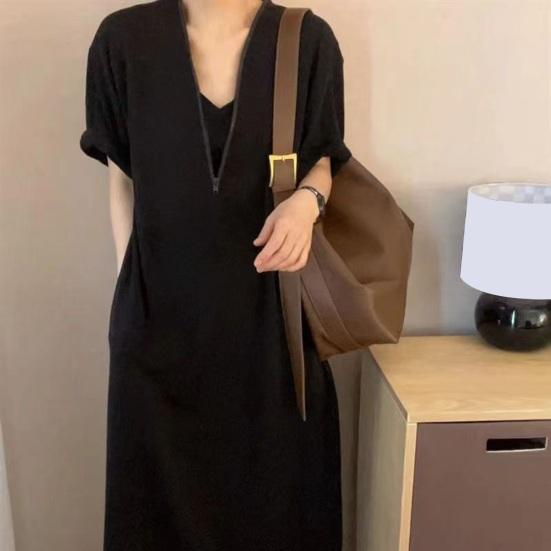 Женское летнее платье-футболка с коротким рукавом, полумолнией, V-образным вырезом, макси-платье, повседневный длинный сарафан с карманами для пляжного отдыха