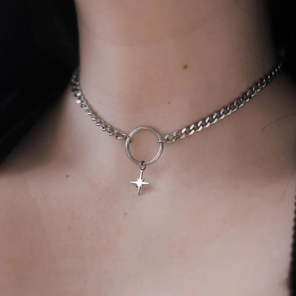 Готический панк серебристого цвета чокер-ожерелье с O-кольцом в виде звезды из нержавеющей стали, кубинская цепочка, ожерелья для женщин