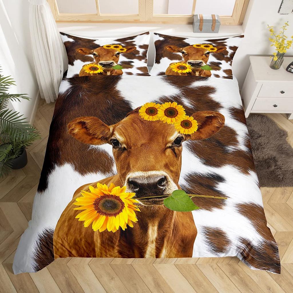 Коричневый пододеяльник с рисунком из коровьей кожи, комплект постельного белья с принтом коровы, фермерский мех животных, полиэстер, одеяло, чехол с наволочкой
