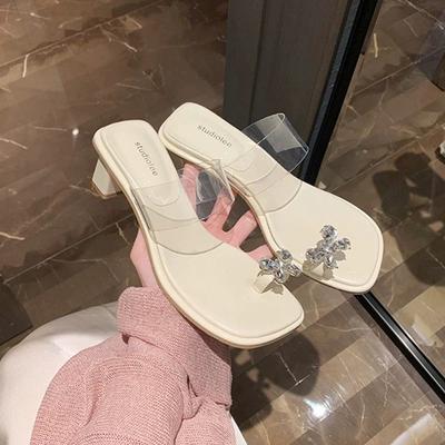 Модные тапочки Повседневные шлепанцы с блестками и бантиком-бабочкой Обувь Квадратный каблук Прозрачный каблук Роскошные Желейные Блочные Летние Кристальные Скандалы Ягодицы