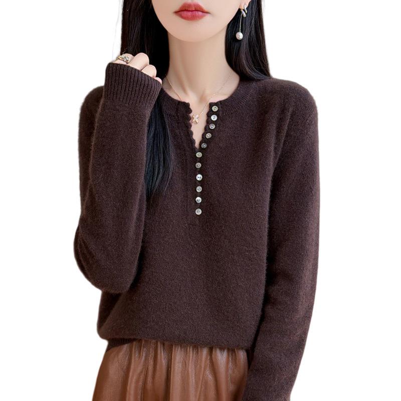 Autumn/Winter Women's Pure Wool V-neck Long Sleeve Multi-button Loose Sweater
