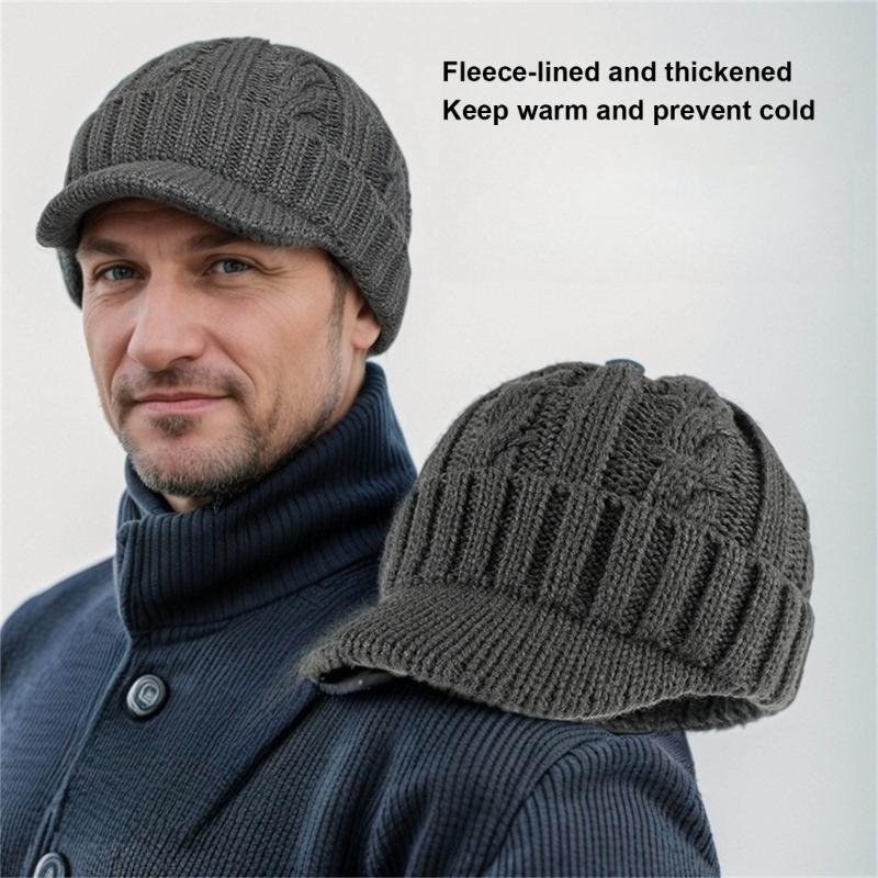 Mens Cable Knit Beanies Winter Hat Thickened Thermal Lined Ear Flap Cap For Cold Weather Outdoor Activity