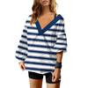 Женская мода полосатый принт V-образный вырез длинный рукав свободный пуловер свитшот топ