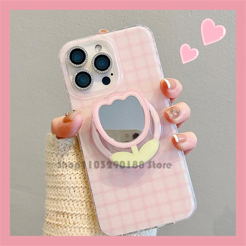 Korean Cute Pink Tulip Mirror Magnetic Holder Grip Tok Griptok Phone Stand Phone Holder Support For iPhone 16 Magsafe Smart Tok