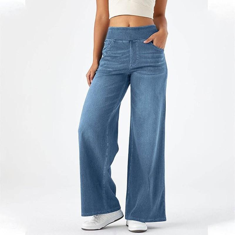 Solid Color Loose Wide Leg Jeans High Waist Straight Denim Pants Commute