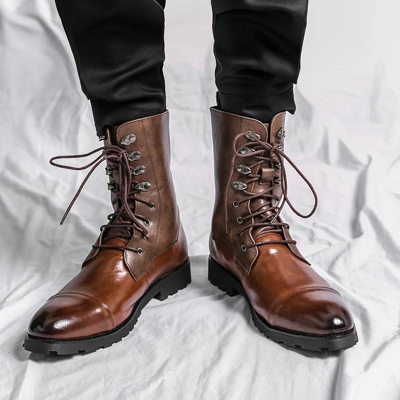 Ankle Boots for Men Brown Black Business Round Toe Lace-up Pu Mens Boots Size 38-48 Motorcycle Boots