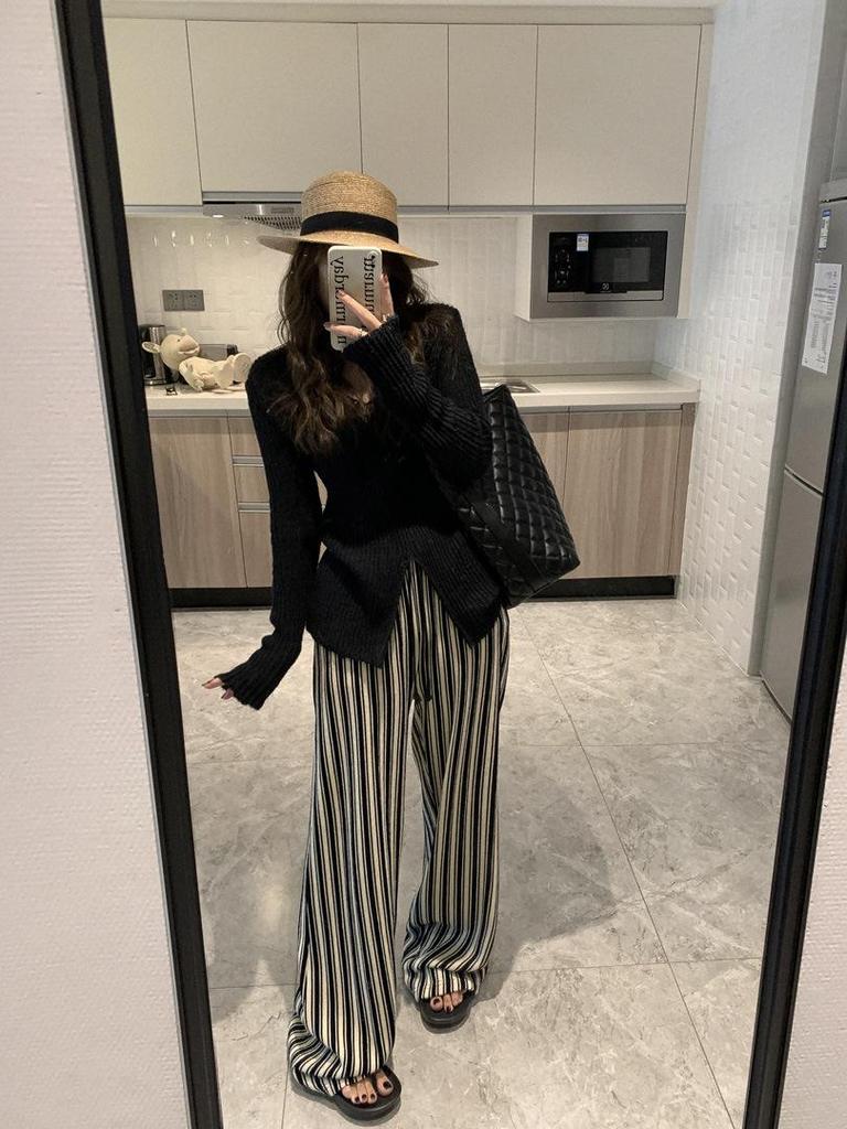 Женские брюки больших размеров в вертикальную полоску, с высокой талией, стройнящие, повседневные, длиной до пола, летние