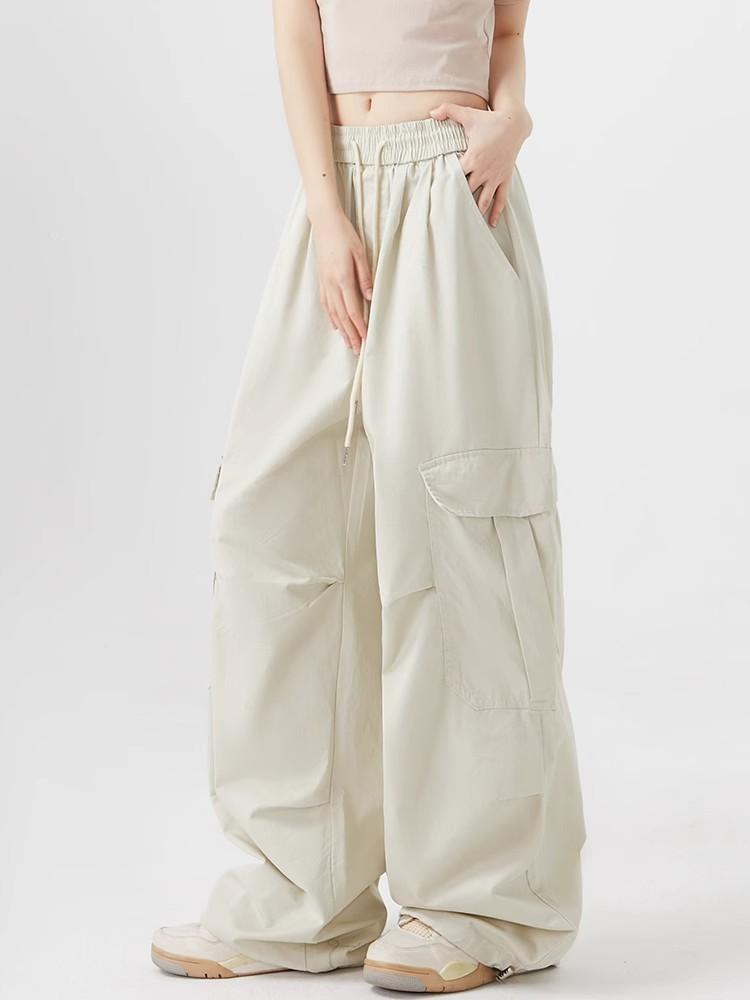 Women Big Pockets Cargo Pants Y2k High Elastic Waist Drawstring Baggy Trousers Vintage Casual Loose Wide Leg Straight Pants