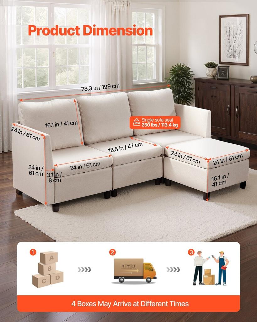Modular Sectional Sofa, 3-Seater Modular Sofa with Hidden Storage, Cloud Sectional Couch with Ottoman & High Rebound Sponge, Solid Wood Frame