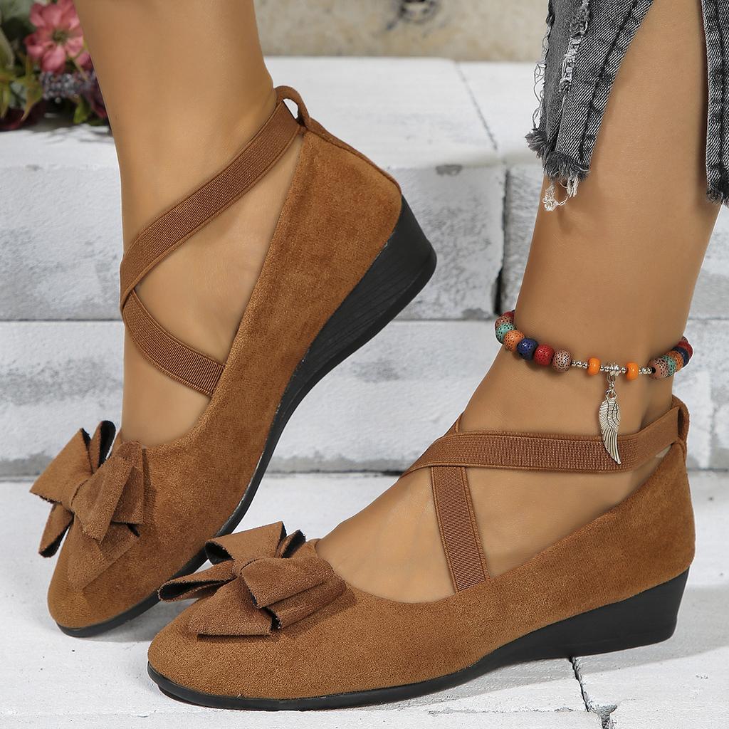 Suede Bow Cross Elastic Band Wedge Heel Single Shoes Women