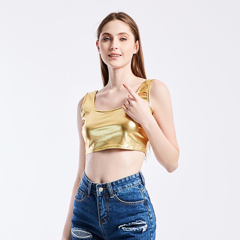 Женский металлизированный блестящий укороченный топ-майка без рукавов с U-образным вырезом, облегающий топ-майка для вечеринок и клубов