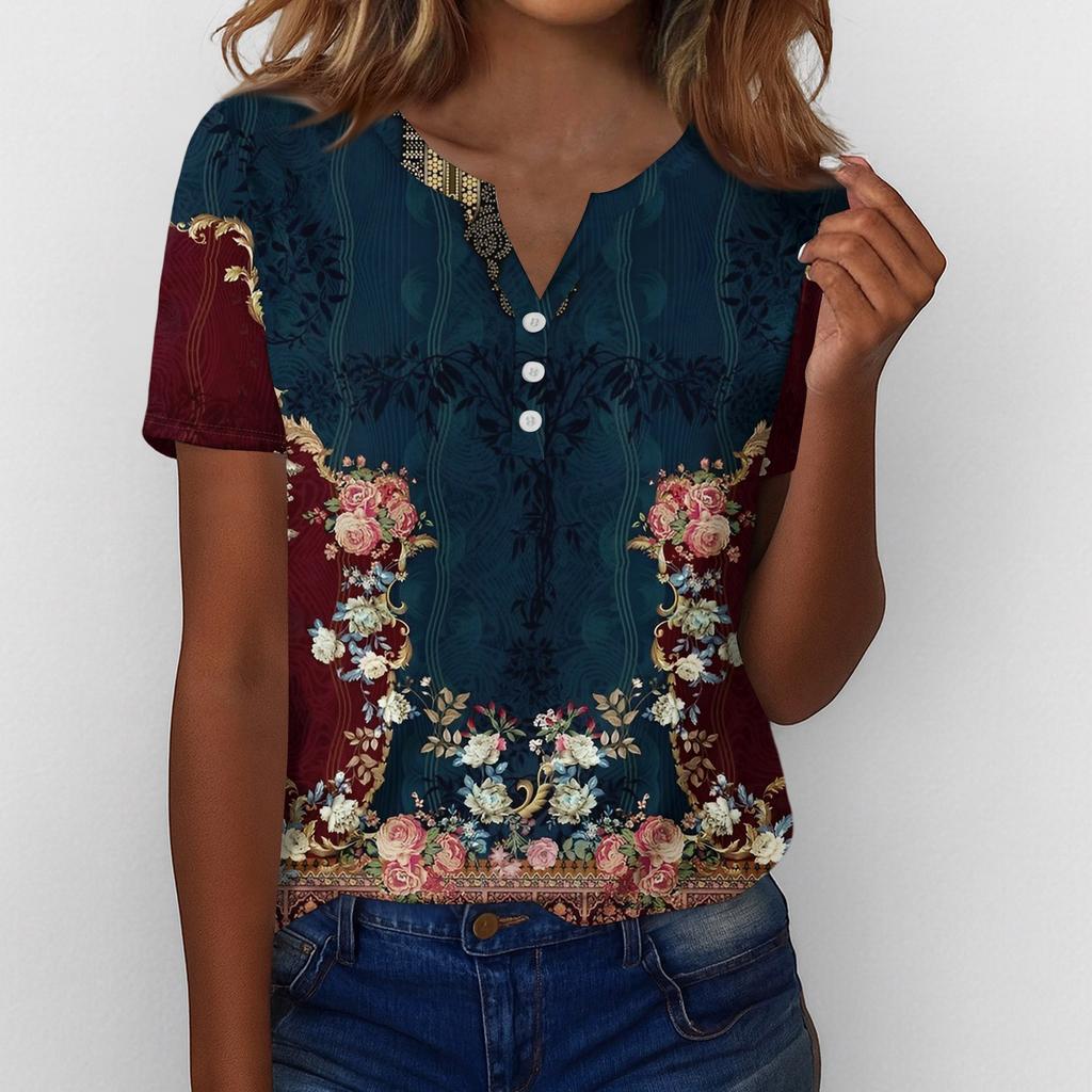 Летние топы для женщин Блузки на пуговицах для женщин Нарядные повседневные футболки с V-образным вырезом