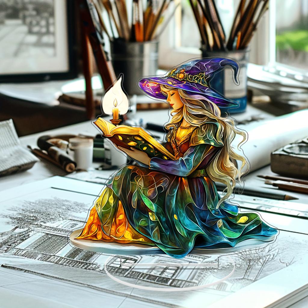 2D Flat Witch Reading Spell Book Acrylic Desktop Decoration