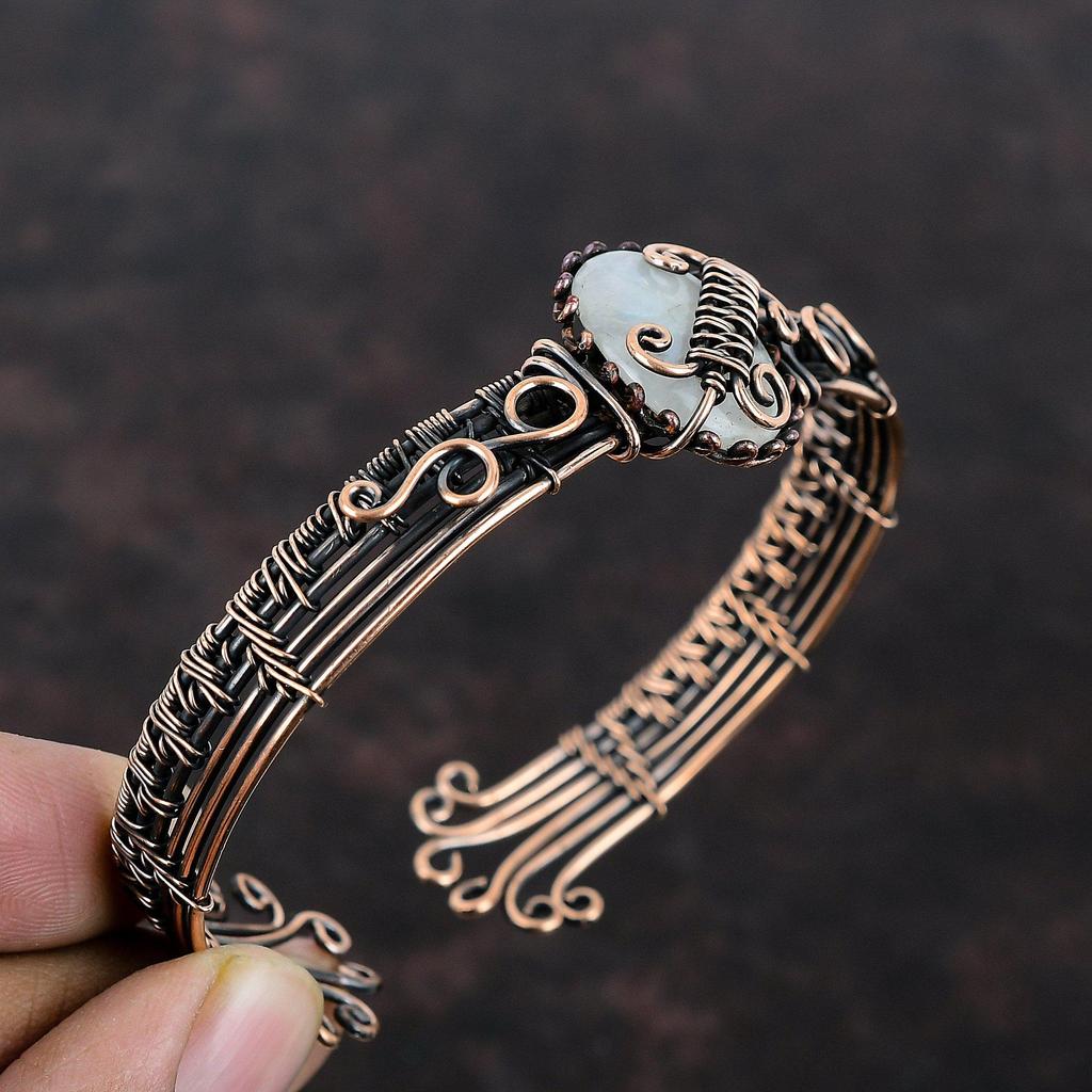 Радужный лунный камень медный браслет-манжета браслет из медной проволоки ручной работы регулируемый браслет ювелирные изделия из драгоценных камней проволочный браслет-манжета уникальный браслет