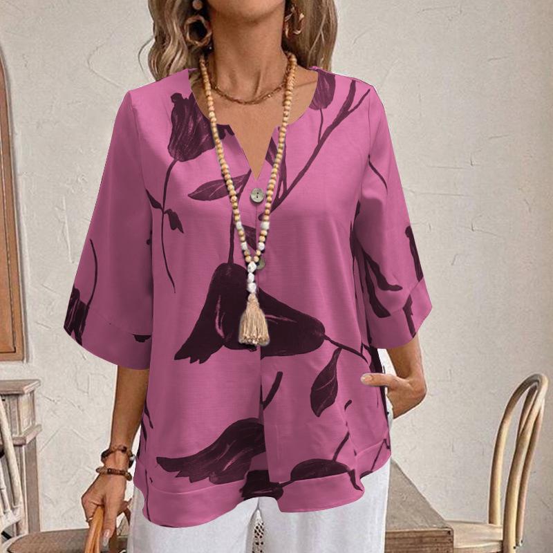 European & American Women's Summer V-Neck Printed Pullover Shirt - Casual, Loose, Short-Sleeved Fashion