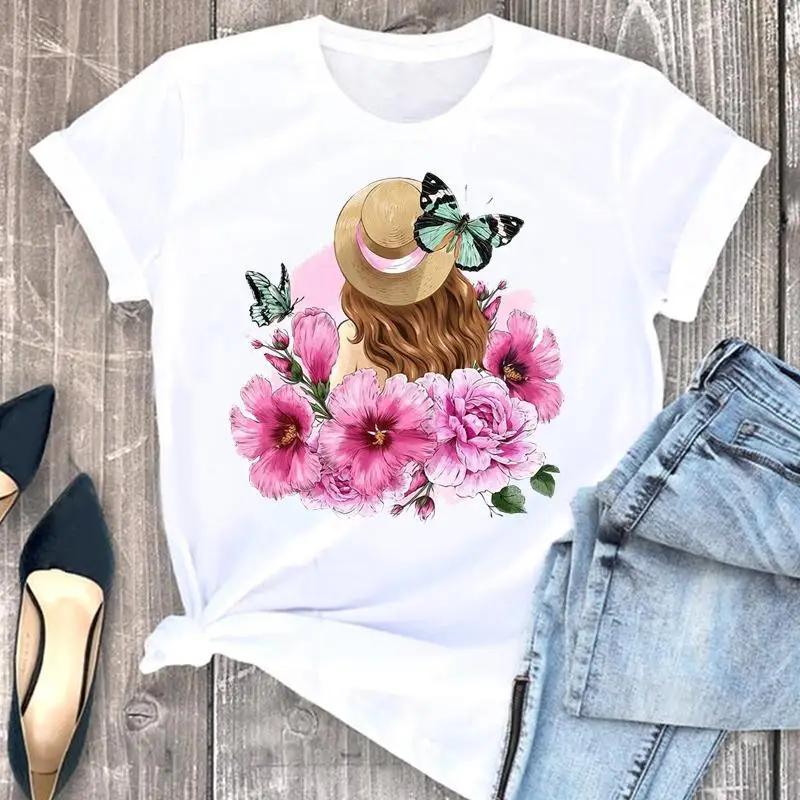 Fun Girl Printed Pattern Round Neck Short Sleeve Tshirt Women on Round Neck European American Tops Tees