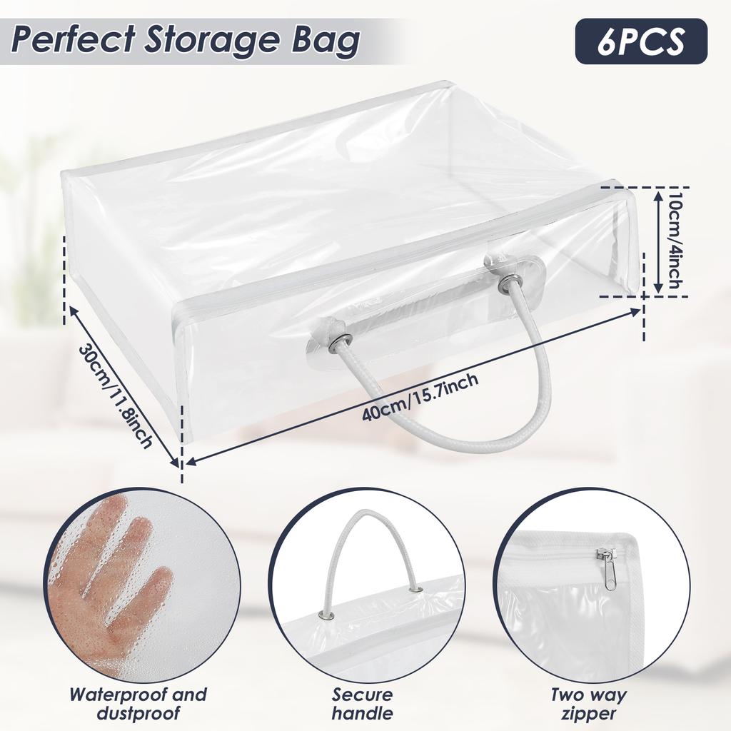 6Pcs Clear Tote Bags with Zipper Large Capacity Blankets Bags Waterproof Dustproof Bed Sheet Bag Transparent PVC Organizing Bags