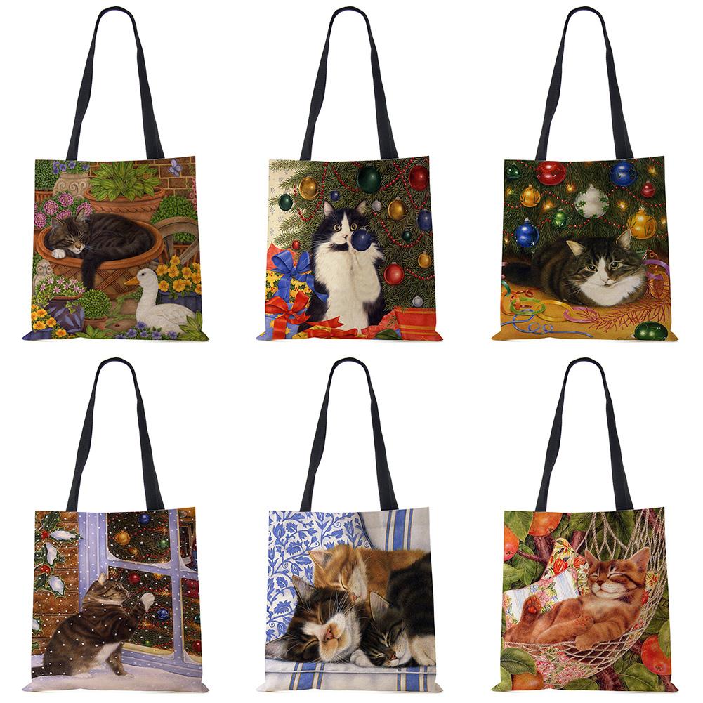 Cute Cat Flower Painting Print Womens Designer Tote Bags Women Handbag Large Shopping Bag Foldable For Groceries CLE