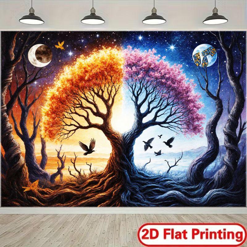 2D plane dreamy division of the tree background presenting a warm dusk and a cool night sky polyester fiber