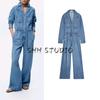 Summer New Product Women's Clothes Long Sleeves Lapel Pocket Decoration Wide Leg Adjustable Waist Denim Jumpsuit 0108022