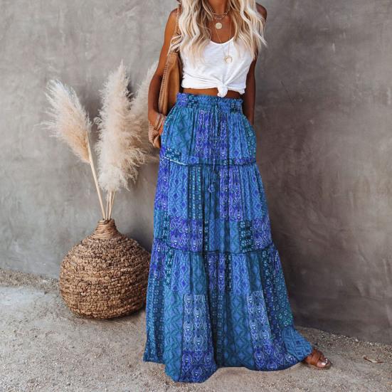 Женская юбка-макси с эластичным шнурком и высокой талией, свободная, с большим подолом, трапециевидной формы, в стиле пэчворк, плиссированная, винтажная, в стиле бохо, с этническим принтом, отпускная юбка
