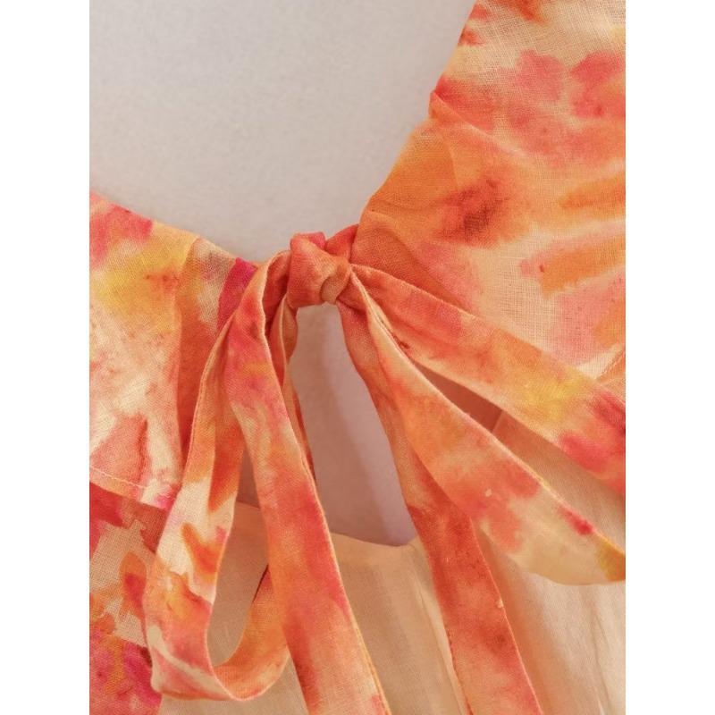 Summer Women's New Layered Decoration Midi Strap Dress Design Sense Niche Cross Ruffles Printed Dress Dress Female