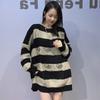 New Autumn and Winter Knitted Sweater with Rhinestone Stripes Loose Round-neck Pullover Sweater and Women's Coat