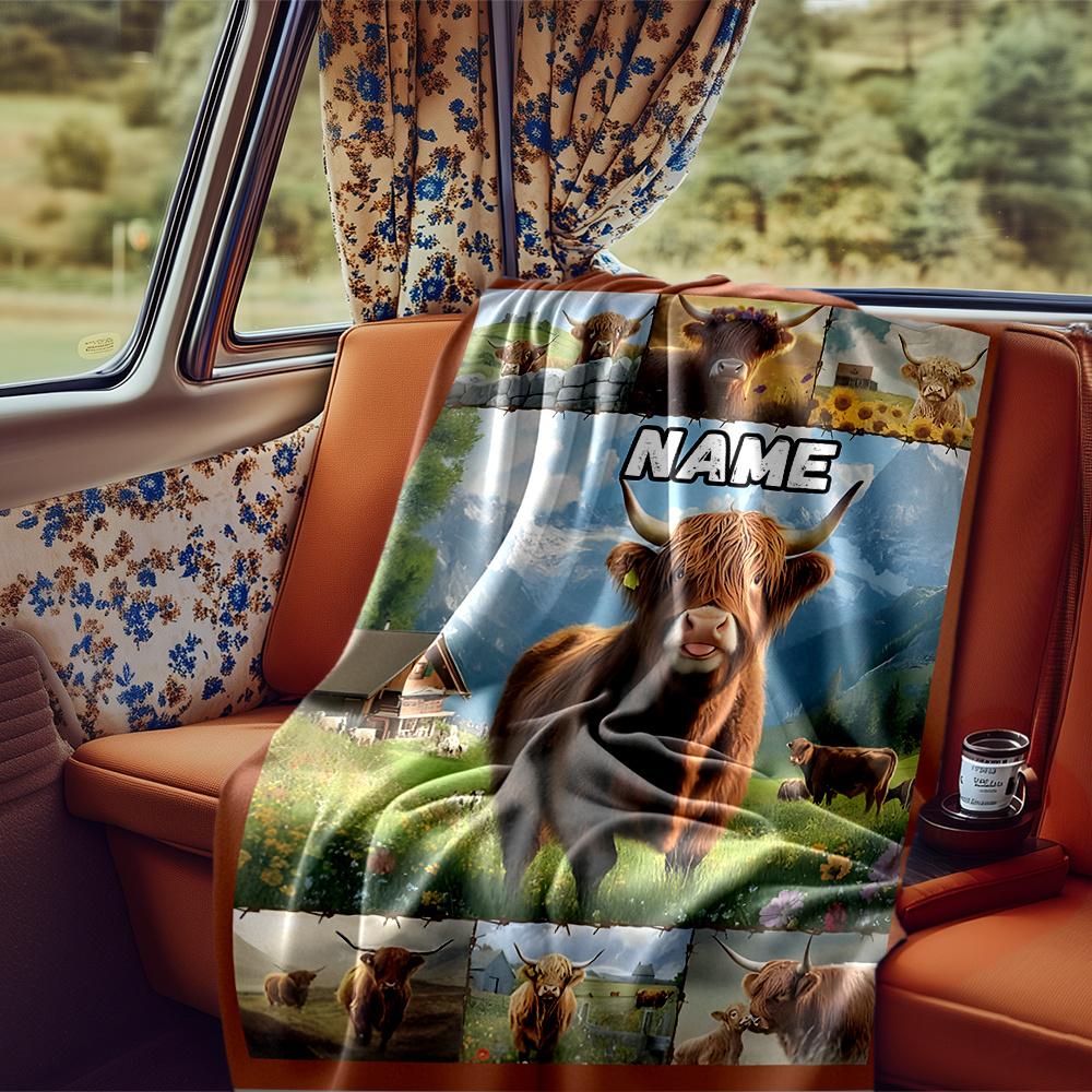 Highland Cow In Mountain Landscape Artwork Blanketcustomizable With Your Namecomfortable And Stylish Perfect For Travel Beds Chairs Offices Sofas