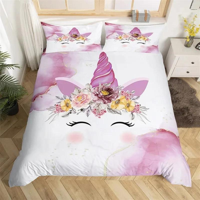 Cartoon Unicorn Duvet Cover Twin King Smiling Eyelash Rainbow Bedding Set For Kids Girls Microfiber Magical Animal Quilt Cover