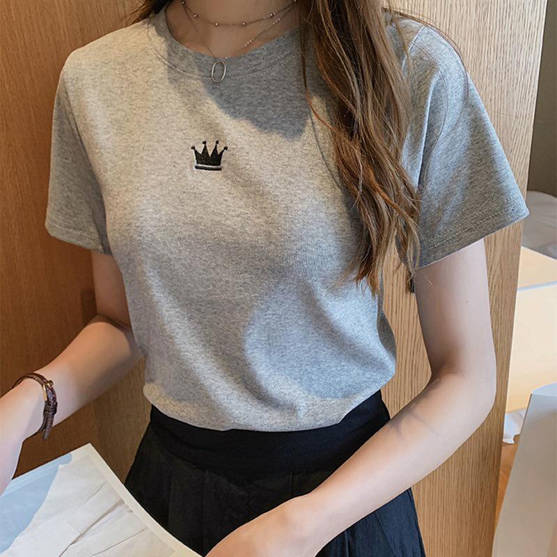 New Summer Slim-fit Embroidered Round Neck Short-sleeved T-shirt for Women's Students' Base Top