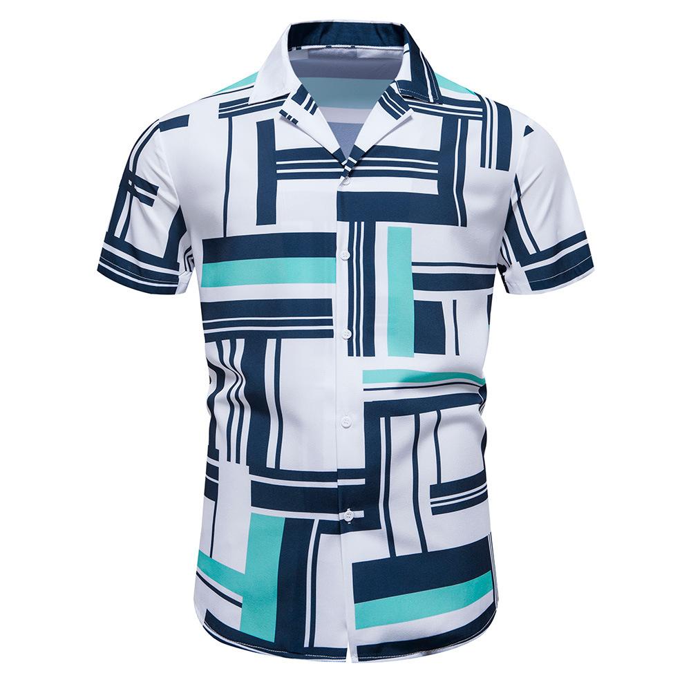 Летняя Новая Мужская Повседневная Рубашка с Коротким Рукавом Контрастный Принт Гавайский Стиль Воротник-стойка Верх с Коротким Рукавом