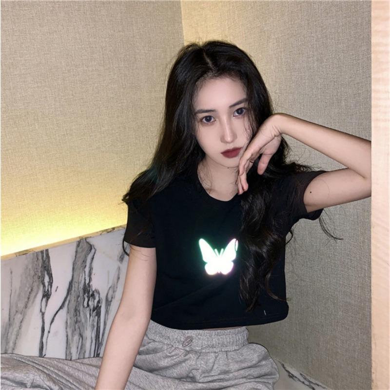 New Summer Internet Celebrity Couple Outfit Reflective Butterfly Short-sleeved T-shirt for Women Short Student Top