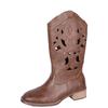 Brown Vintage Western Cowgirl Cutout Mid-Calf Retro Embroidered Chunky Heel Boots for Women.