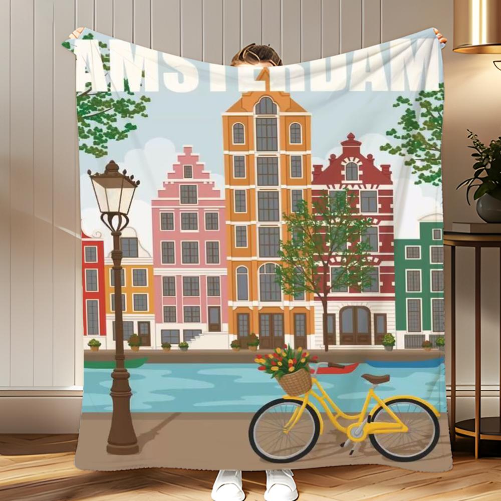 city landmark Amsterdam Throw Soft Coral Fleece Blanket 310gsm Fluffy Warm Throw for Sofa Bed Couch Bedroom Decor