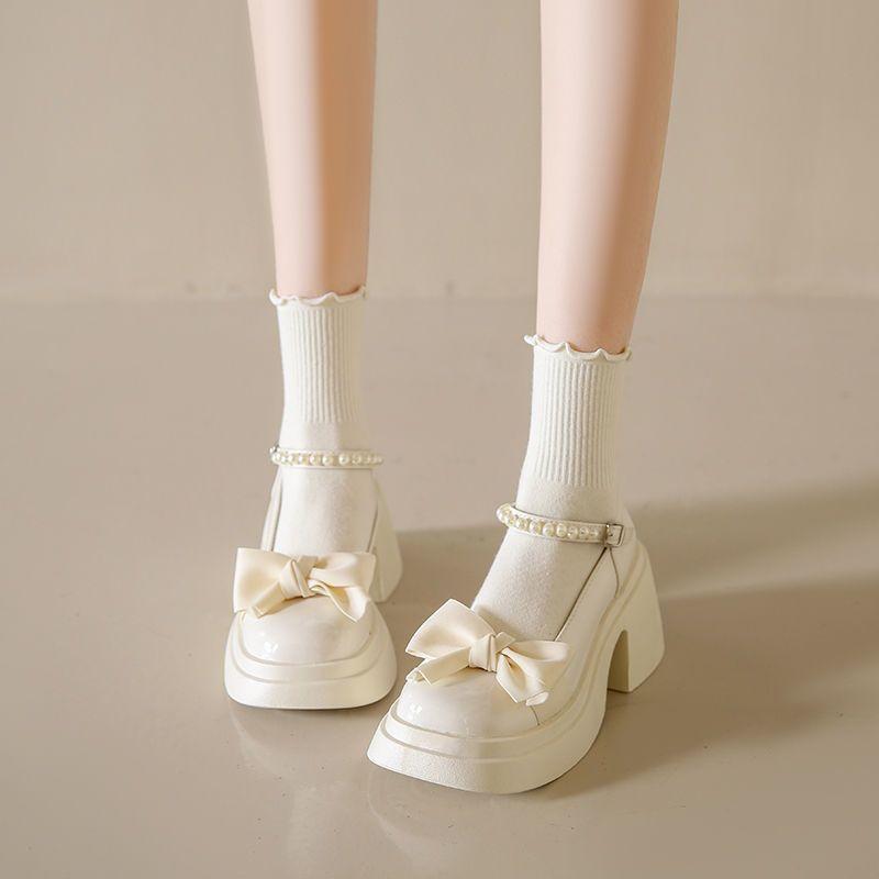 Mary Jane Shoes Women's Spring New Fashion High-heeled Bow Platform Thick Heel Pearl with Skirt Small Leather Shoes