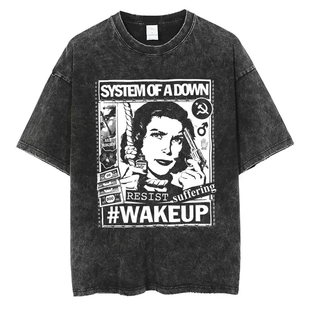 Washed Vintage System of A Down Tshirt Men Women Cotton Quality Short Sleeve Tees Male Rock Music Band Cartoon Graphic T Shirts
