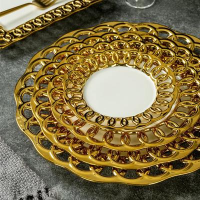 Позолоченная керамическая ажурная тарелка Пномпень для западной кухни, сервировочная тарелка, ресторанная тарелка для закусок, фруктов, торта, десерта