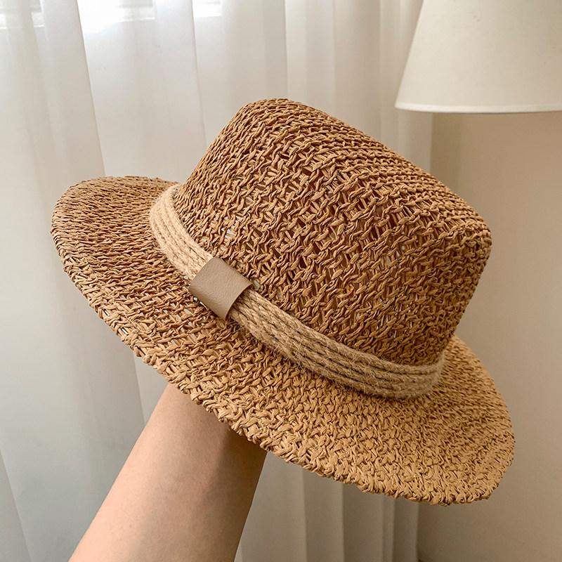 Straw Hat for Women Summer Old Money Style Hollow Woven Fedora Hat Retro French Beach Vacation Sun Hat Outdoor UV Protection