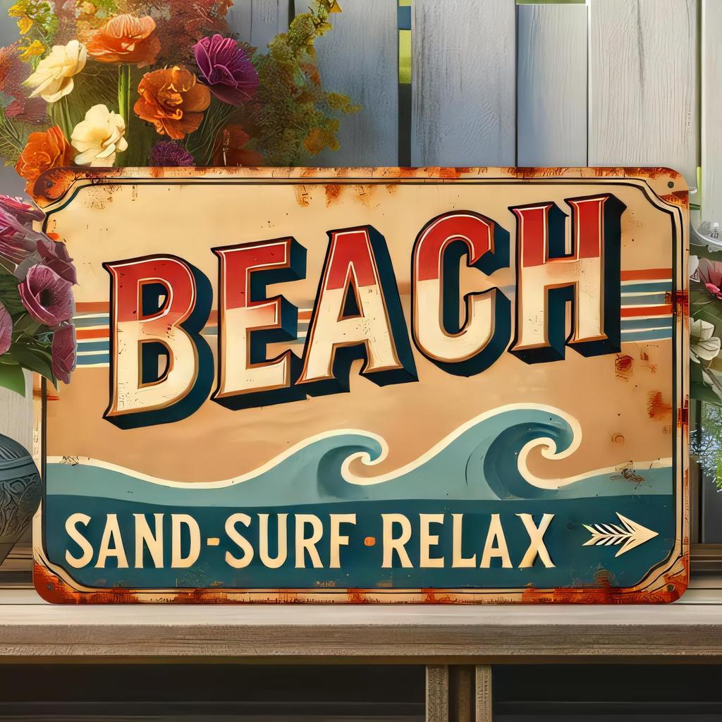 Tin Sign Beach Sand Surf Relax Vintage Metal Plaque Wall Art Home Decor Coastal Summer Poster for Bar Pub Restaurant Bedroom Gar