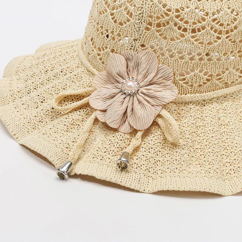 WTEMPO Women Spring Summer Wide Brim Bow Flower Solid Color Sun Hats Hollow-out Outdoor Breathable Foldable Beach Sunscreen Hats