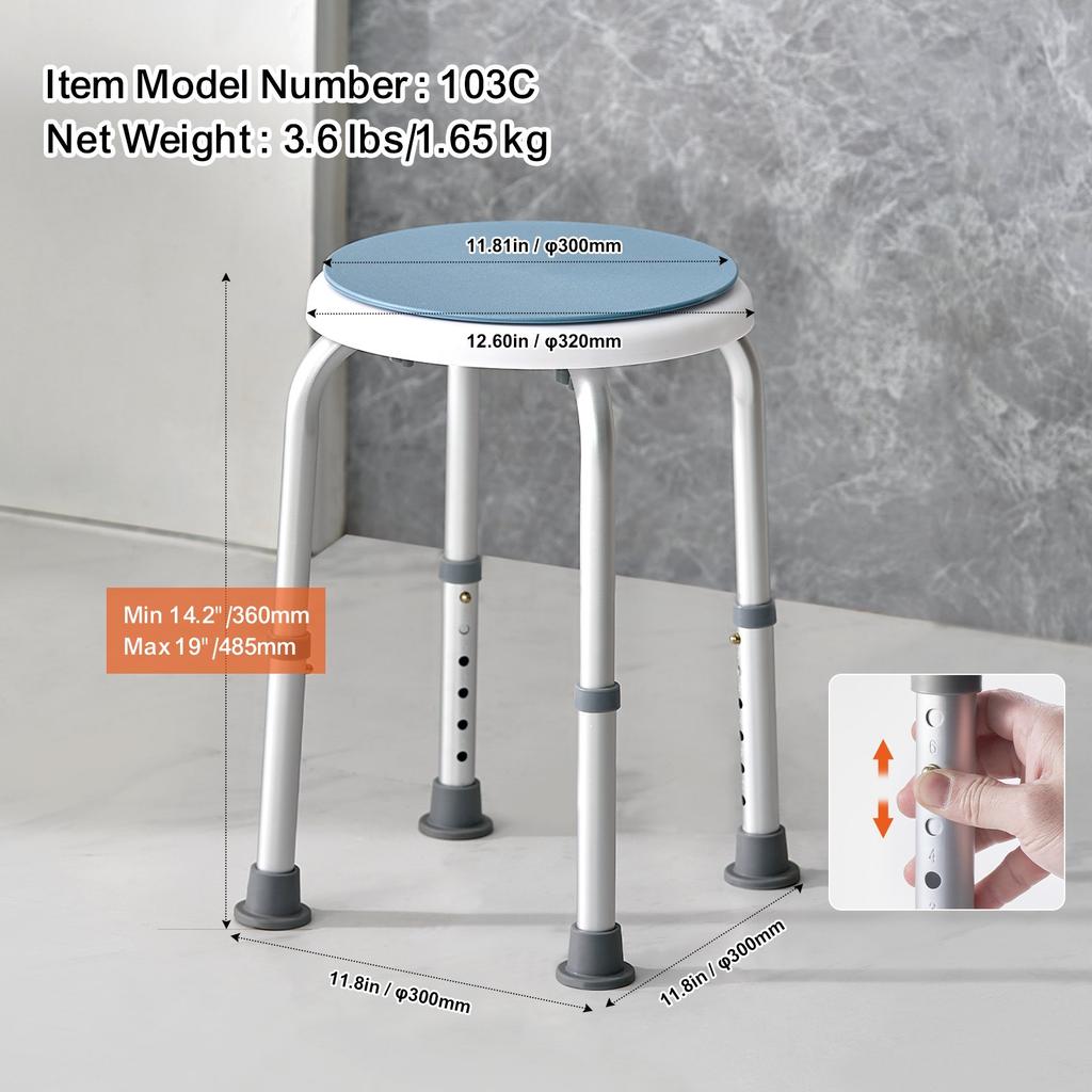 VEVOR Shower Chair 360 Degree Rotating, Adjustable Height Shower Stool Seat, Bath Chair for Inside Shower or Tub