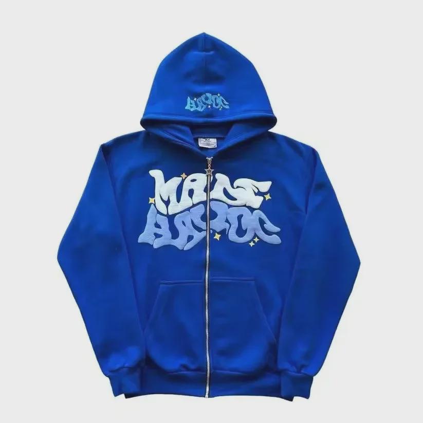 Толстовка с капюшоном на молнии с принтом из пеноматериала и буквами в европейском и американском уличном стиле 2023 года