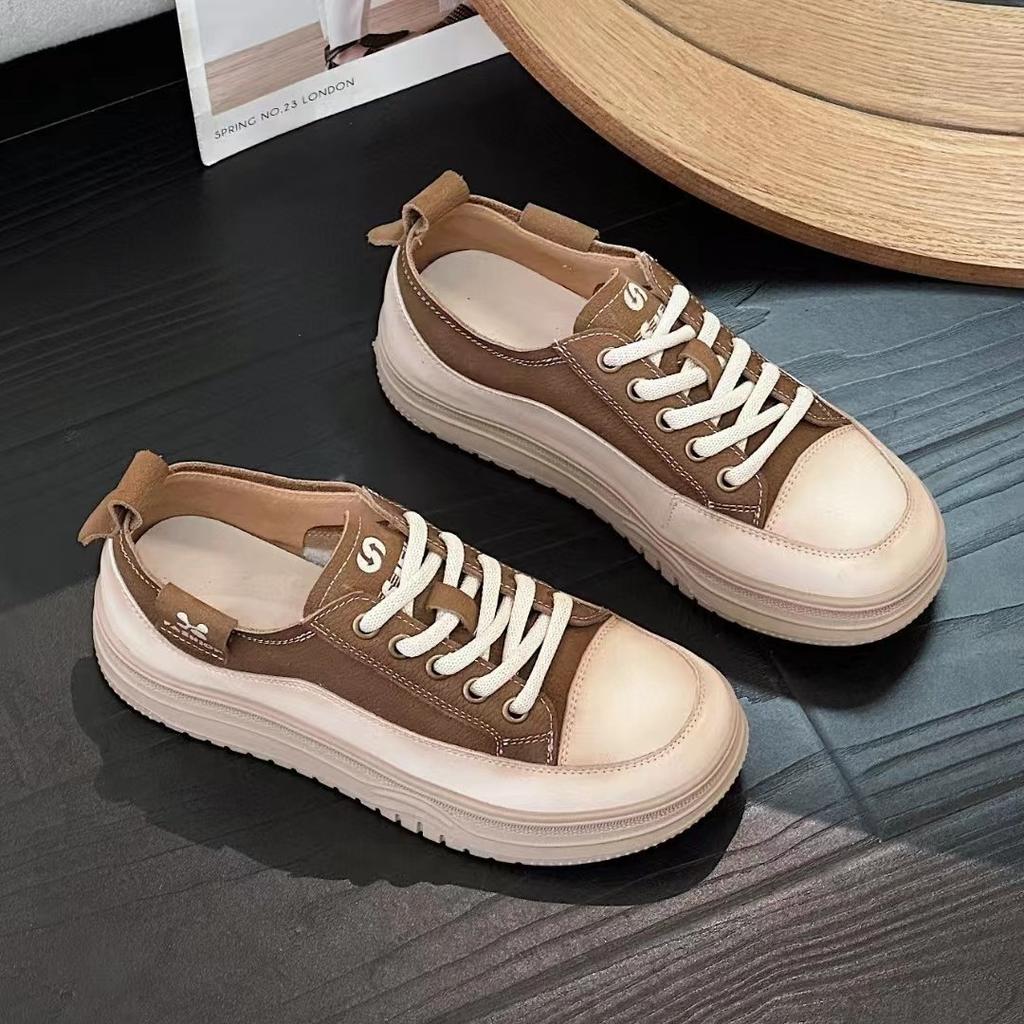 Little white shoes women's first layer cowhide new retro sports and leisure shoes lace up thick sole lightweight soft baseplate shoes