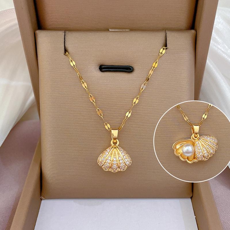 Korean Fashion Shell Pearl Necklace for Women Stainless Steel Creative Copper Micro -inlaid Marine Banquet Wedding Jewelry Gift
