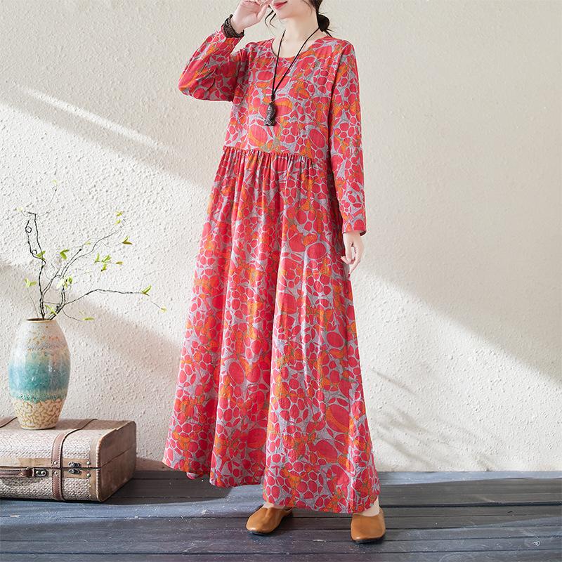 Весна Осень Цветочный Принт Круглый Вырез Ретро Свободное Длинное Платье Длинный Рукав Хлопок Льняное Платье Женская Одежда