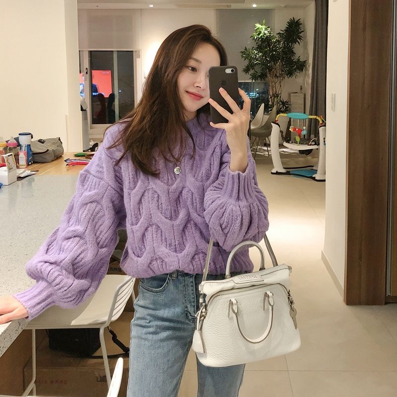 Lantern Sleeves Round Neck Twist Sweater Female Daily Casual Autumn and Winter Korean Version of Loose Thickened Twist Pullover Knitted Sweaters