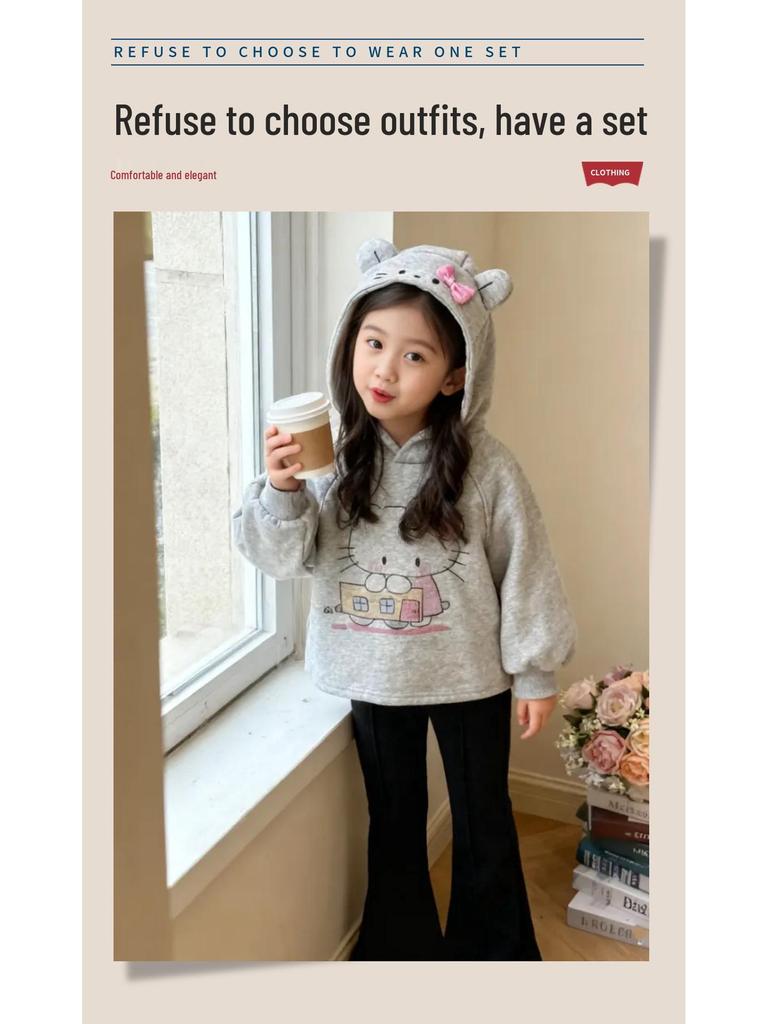 Детский осенне-зимний 2025 года набор: Худи с мультяшным бантом и расклешенные брюки